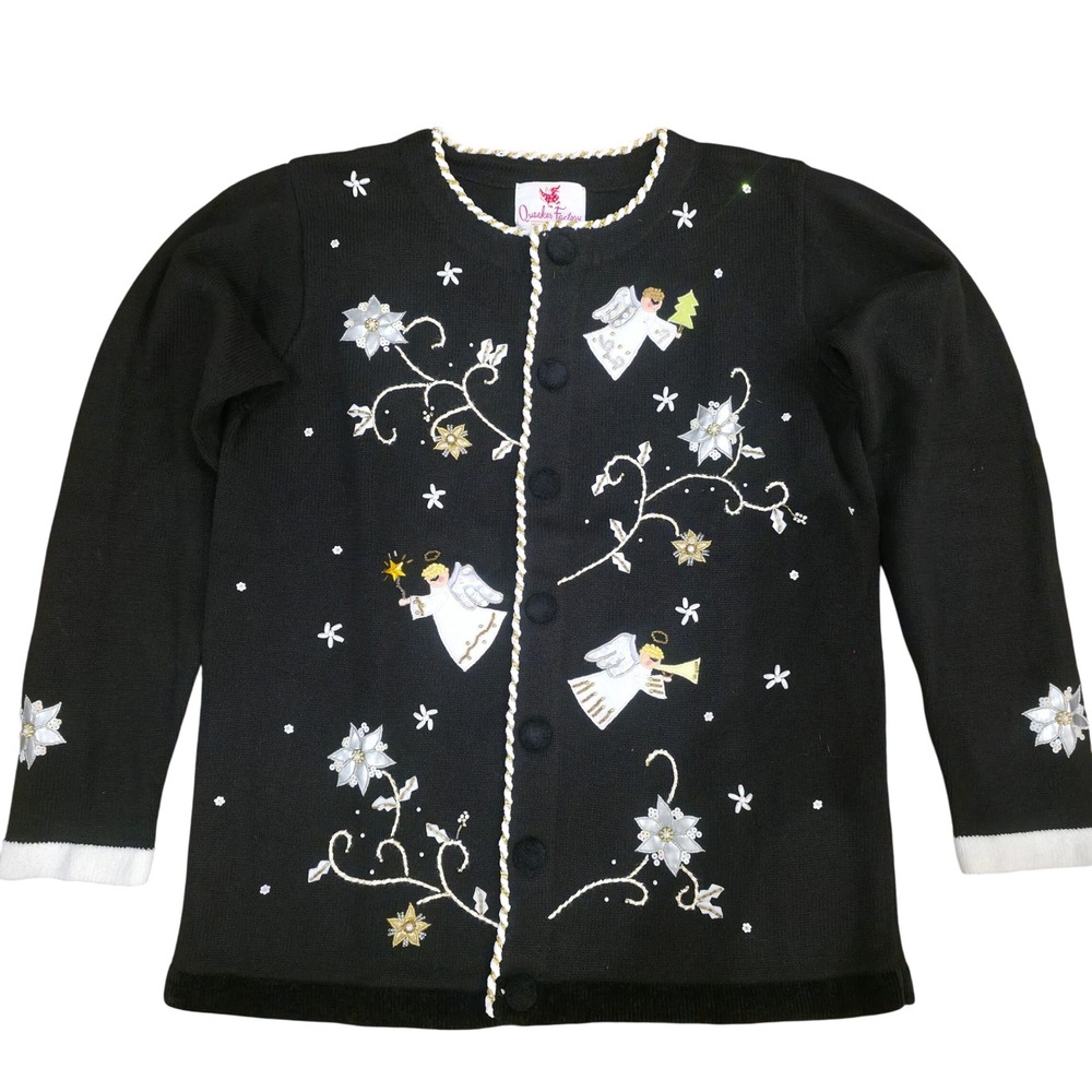 QUACKER FACTORY S Black Angel Sweater Vintage Y2K Holiday Beaded Christmas Knit